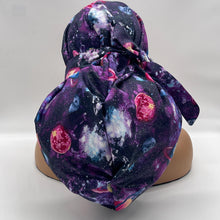 Load image into Gallery viewer, 2XL JUMBO PONY SCRUB Cap, purple solar system fabric surgical nursing hat satin lining option for Extra long/thick Hair/Loc