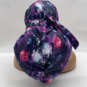 2XL JUMBO PONY SCRUB Cap, purple solar system fabric surgical nursing hat satin lining option for Extra long/thick Hair/Loc