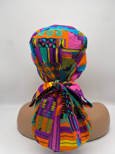 Load image into Gallery viewer, Ponytail Ankara PONY SCRUB CAP, Kente cotton fabric surgical scrub hat pony nursing caps and satin lining option for locs /Long Hair