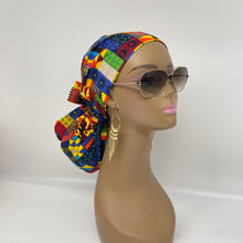 Load image into Gallery viewer, Ponytail All New Flattery Back Pony Hair Cover scrub Hat for long Hair, Braids, Locs. Ankara cotton African print fabric with satin lining