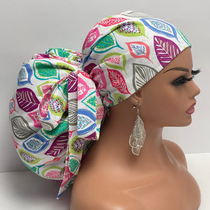 2XL JUMBO PONY SCRUB Cap, colorful leaves Cotton fabric surgical nursing hat satin lining option for Extra long/thick Hair/Locs