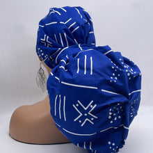 Load image into Gallery viewer, 2XL JUMBO PONY Scrub Cap, Royal blue and white tribal surgical nursing hat and satin lining option for Extra long/thick Hair/Locs