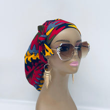 Load image into Gallery viewer, Ponytail satin lined PONY SCRUB CAP, Red Yellow Grey Navy Ankara cotton fabric surgical scrub hat pony nursing caps for locs/Long Hair