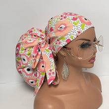 Load image into Gallery viewer, 2XL JUMBO PONY SCRUB Cap, baby pink green off white cotton fabric surgical nursing hat satin lining option for Extra long Hair