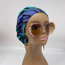 Load image into Gallery viewer, Niceroy Satin Lined Satin Lined surgical SCRUB HAT CAP,  Ankara Europe style nursing cap blue  teal black African print fabric and .