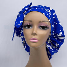 Load image into Gallery viewer, Ponytail hat PONY SCRUB CAP, royal blue white surgical scrub hat pony nursing caps and satin lining option for locs, braid, long hair