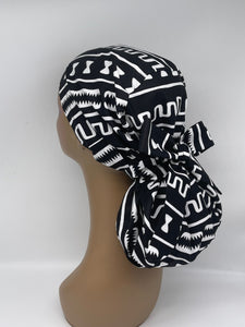 Ponytail PONY SCRUB CAP, black White Ankara cotton fabric surgical scrub hat nursing caps, satin lining option for locs/Long Hair