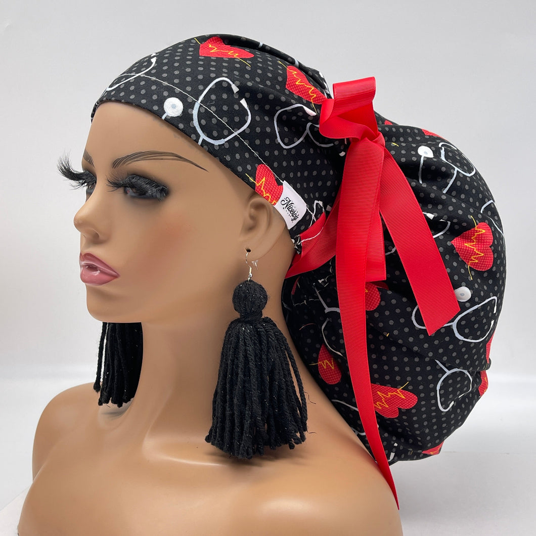 2XL JUMBO PONY Scrub Cap, EKG  cotton fabric surgical nursing hat and satin lining option for Extra long/thick Hair/Locs