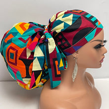 Load image into Gallery viewer, 2XL JUMBO PONY SCRUB Cap, Geometric cotton fabric surgical nursing hat satin lining option for Extra long/thick Hair/Locs