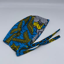 Load image into Gallery viewer, Blue yellow and white unisex pixie Men surgical SCRUB HAT CAP, nursing caps, tie back cap, satin lining option African print hat