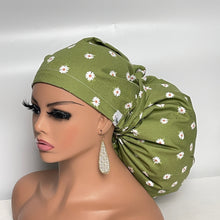 Load image into Gallery viewer, 2XL JUMBO PONY SCRUB Cap, Green White cotton fabric surgical nursing hat satin lining option for Extra long/thick Hair/Locs