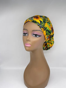 Niceroy Satin Lined surgical SCRUB HAT CAP, Europe style nursing caps made with Sunflower print fabric and   chemo cap