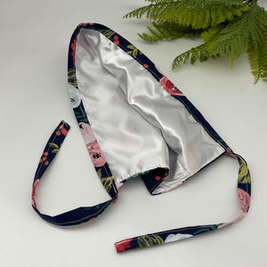 Niceroy Reversible MEN unisex pixie surgical SCRUB HAT Cap, nursing caps, tie back cap, satin lining option navy blue floral cotton print
