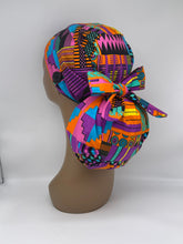 Load image into Gallery viewer, Ponytail Ankara PONY SCRUB CAP, Kente cotton fabric surgical scrub hat pony nursing caps and satin lining option for locs /Long Hair