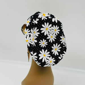 Adjustable surgical OR SCRUB CAP, Black, White and yellow cotton fabric Daisy Europe style Summer nursing caps  and satin lining option.