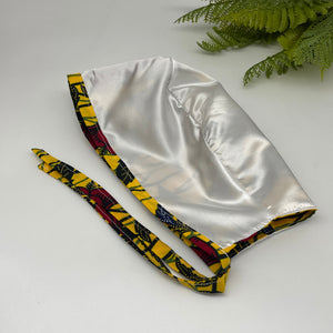 Niceroy Reversible MEN unisex pixie surgical SCRUB HAT Cap, nursing caps, tie back cap, satin lining option yellow red cotton print