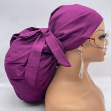 Load image into Gallery viewer, 2XL JUMBO PONY SCRUB Cap solid Burgundy magenta cotton fabric surgical nursing hat satin option for Extra long/thick Hair/Locs