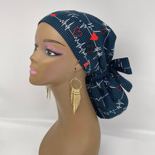 Load image into Gallery viewer, Ponytail PONY SCRUB Cap, Nurse and Doctors EKG cotton fabric surgical scrub hat nursing caps with satin lining for locs/Long Hair