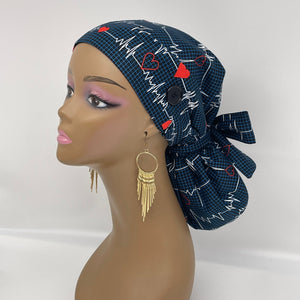 Ponytail PONY SCRUB Cap, Nurse and Doctors EKG cotton fabric surgical scrub hat nursing caps with satin lining for locs/Long Hair