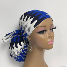 Load image into Gallery viewer, Ponytail Satin Lined PONY SCRUB CAP, Navy White Royal Blue Ankara  fabric surgical scrub hat  nursing caps for locs/Long Hair