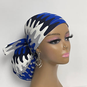 Ponytail Satin Lined PONY SCRUB CAP, Navy White Royal Blue Ankara  fabric surgical scrub hat  nursing caps for locs/Long Hair