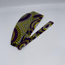 Load image into Gallery viewer, Purple and yellow unisex pixie Men surgical SCRUB HAT CAP, nursing caps, tie back cap, satin lining option African print men scrub cap