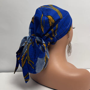 Ponytail SCRUB CAP Royal blue and yellow cotton fabric surgical scrub hat nursing caps, satin lining option for long hair