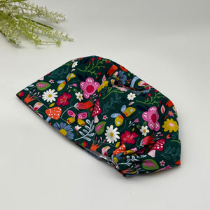 Surgical SCRUB HAT CAP,  Europe style mushroom daisy flowers cotton print fabric Euro hat multicolored floral satin lining option.