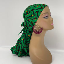 Load image into Gallery viewer, Adjustable Dread Locs and Long braids HAT Cap, Green Ankara pony style scrub nursing caps fabric and satin lining option Hair Cover