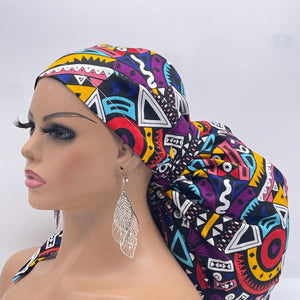 2XL JUMBO PONY Scrub Cap, multicolored tribal surgical nursing hat and satin lining option for Extra long/thick Hair/Locs