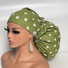 Load image into Gallery viewer, 2XL JUMBO PONY SCRUB Cap, Green White cotton fabric surgical nursing hat satin lining option for Extra long/thick Hair/Locs