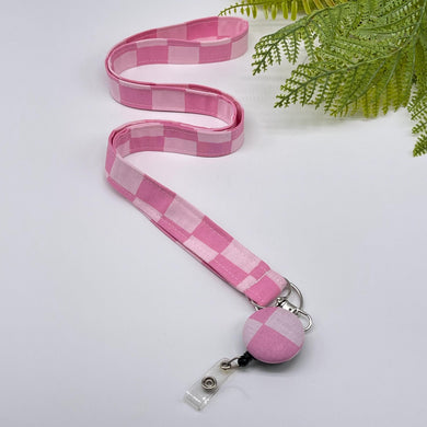 Handmade Pink Checkered Fabric Lanyard with Retractable Badge Reel