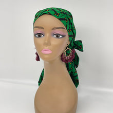 Load image into Gallery viewer, Adjustable Dread Locs and Long braids HAT Cap, Green Ankara pony style scrub nursing caps fabric and satin lining option Hair Cover