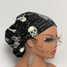 Load image into Gallery viewer, Niceroy Satin LinedSatin Lined surgical SCRUB HAT CAP, Black  off White Labeled skeleton Europe Euro style nursing caps, healthcare hats, nurse gift.