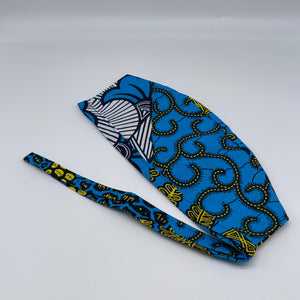Blue yellow and white unisex pixie Men surgical SCRUB HAT CAP, nursing caps, tie back cap, satin lining option African print hat