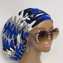 Load image into Gallery viewer, Ponytail Satin Lined PONY SCRUB CAP, Navy White Royal Blue Ankara  fabric surgical scrub hat  nursing caps for locs/Long Hair