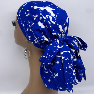 Ponytail hat PONY SCRUB CAP, royal blue white surgical scrub hat pony nursing caps and satin lining option for locs, braid, long hair