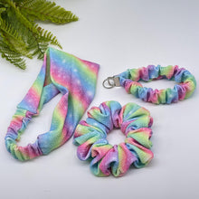 Load image into Gallery viewer, Handmade bullet print Headband, Scrunchie &amp; Keychain Lanyard Set, gradient rainbow