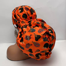 Load image into Gallery viewer, 2XL JUMBO PONY SCRUB Cap, earth orange black women fabric surgical nursing hat satin lining option for Extra long/thick Hair/Locs