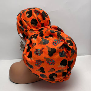 2XL JUMBO PONY SCRUB Cap, earth orange black women fabric surgical nursing hat satin lining option for Extra long/thick Hair/Locs