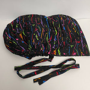 Satin lined 2XL JUMBO PONY Scrub Cap Black paint splatter cotton fabric surgical nursing hat and for Extra long/thick Hair/Locs