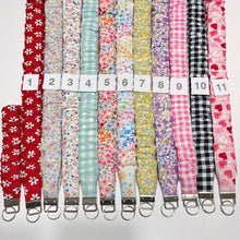 Load image into Gallery viewer, Handmade Cotton Scrunchie Lanyard Keychain Set: Floral Abstract Checkered Prints