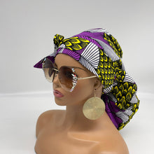 Load image into Gallery viewer, Ponytail PONY SCRUB CAP, purple and yellow Ankara cotton fabric surgical scrub hat nursing caps, satin lining option for locs/Long Hair