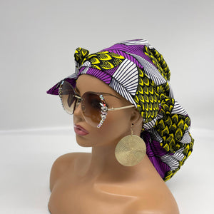 Ponytail PONY SCRUB CAP, purple and yellow Ankara cotton fabric surgical scrub hat nursing caps, satin lining option for locs/Long Hair