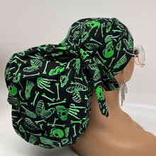 Load image into Gallery viewer, 2XL JUMBO PONY SCRUB Cap, Black/Green glow in the dark cotton fabric surgical nursing hat satin for Extra long/thick Hair/Locs