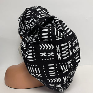 2XL JUMBO PONY SCRUB Cap, Black/White cotton fabric surgical nursing hat satin lining option for Extra long/thick Hair/Locs