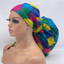 Load image into Gallery viewer, 2XL JUMBO PONY Scrub Cap, pink blue yellow green multicolored surgical nursing hat and satin lining option for Extra long/thick Hair/Locs