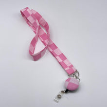 Load image into Gallery viewer, Handmade Pink Checkered Fabric Lanyard with Retractable Badge Reel