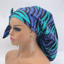 Load image into Gallery viewer, Ponytail Ankara PONY SCRUB CAP, blue cotton fabric surgical scrub hat pony nursing caps and satin lining option for locs /Long Hair