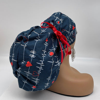 2XL JUMBO PONY Scrub Cap, EKG  cotton fabric surgical nursing hat and satin lining option for Extra long/thick Hair/Locs